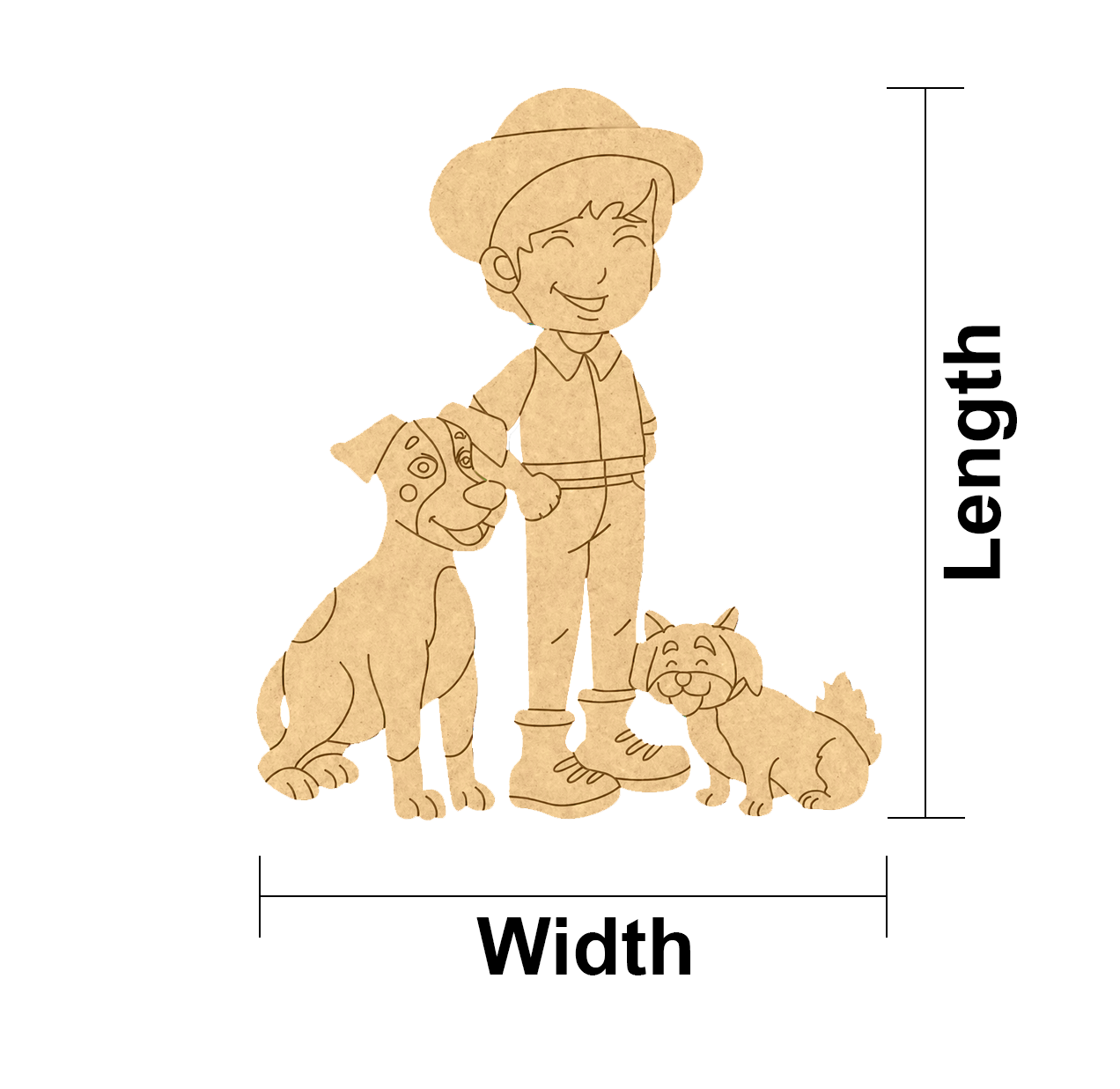 MDF DIY cutout of a boy with two dogs and measurement labels on a white background