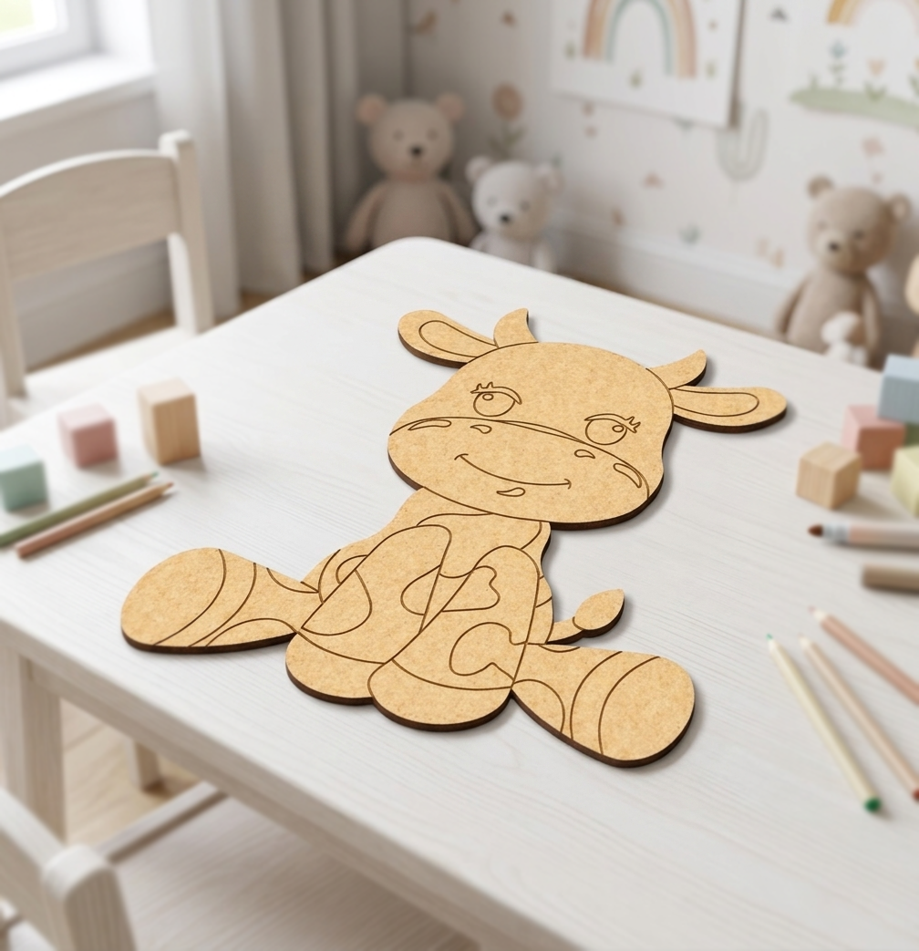 MDF DIY cow cutout of a cartoon character on a table with art supplies in a child's room.