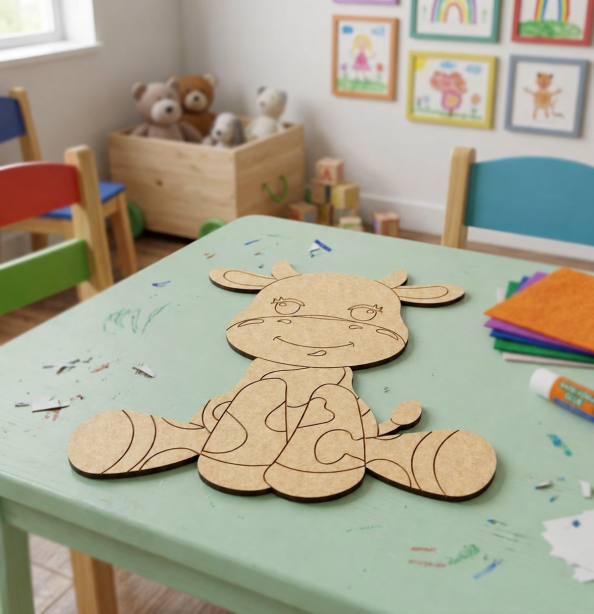 MDF DIY Children's craft project on a table with colorful chairs and toys in the background