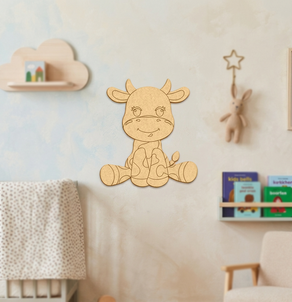 MDF DIY cow wall decoration in a child's room with books and toys.
