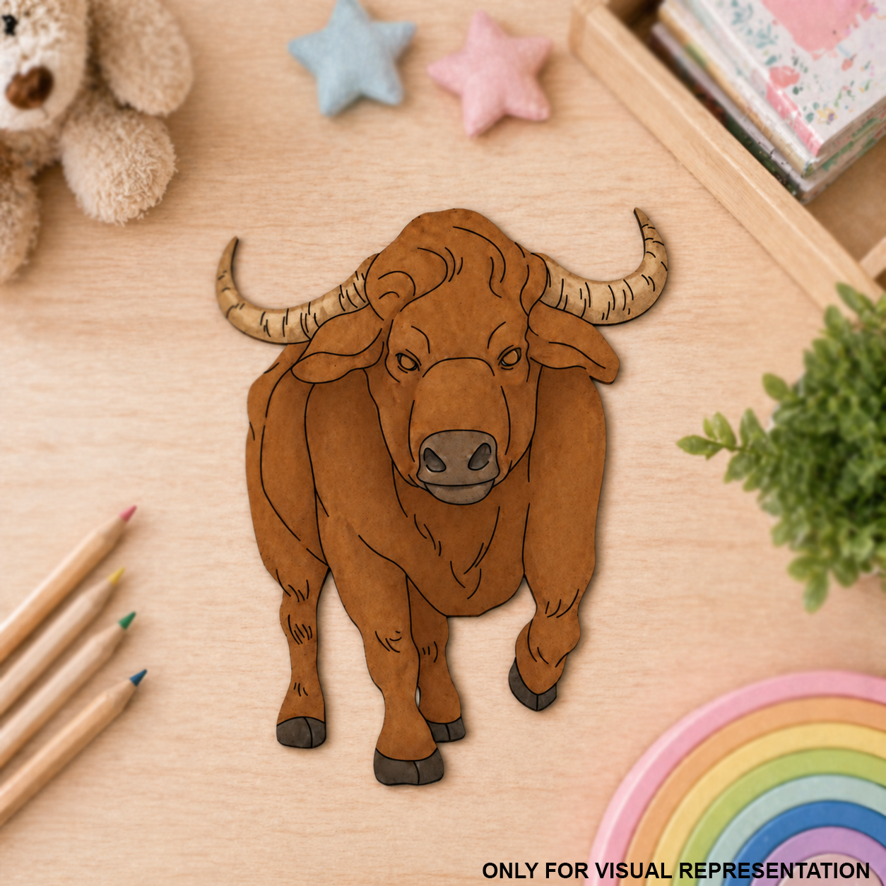 MDF DIY Brown bull illustration on a wooden surface with stationery items