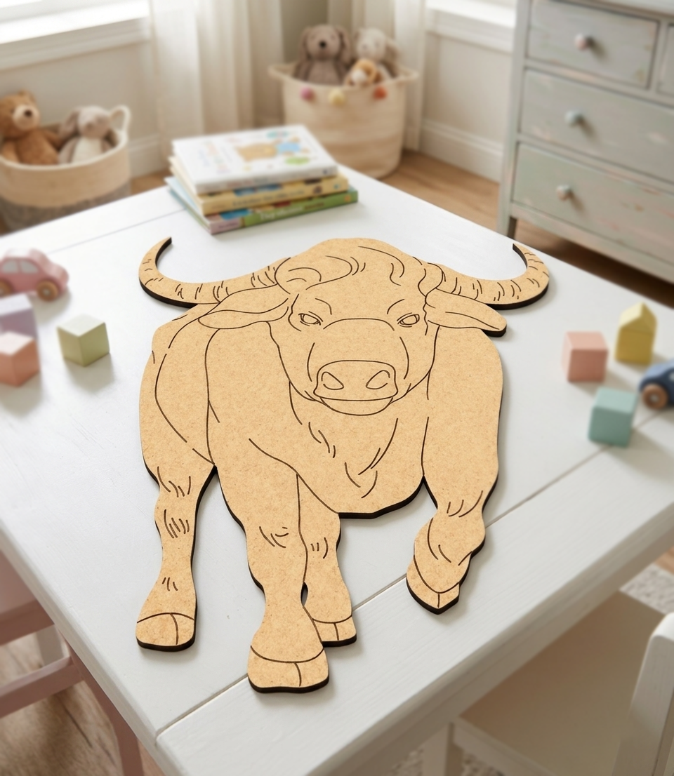 MDF DIY bull puzzle on a table with toys and books in the background