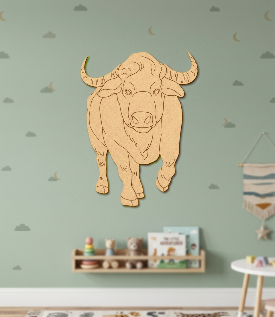MDF DIY bull wall decoration on a light green wall with children's toys below.
