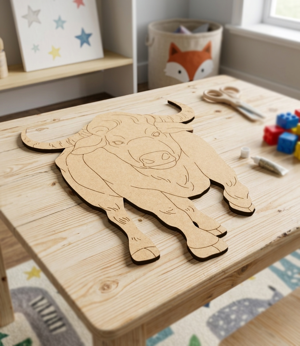 MDF DIY bull puzzle on a wooden table with toys in the background