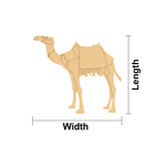 Measurement chart of a MDF DIY camel with labeled width and length on a white background