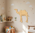 MDF DIY camel wall decoration in a child's room with books and toys.