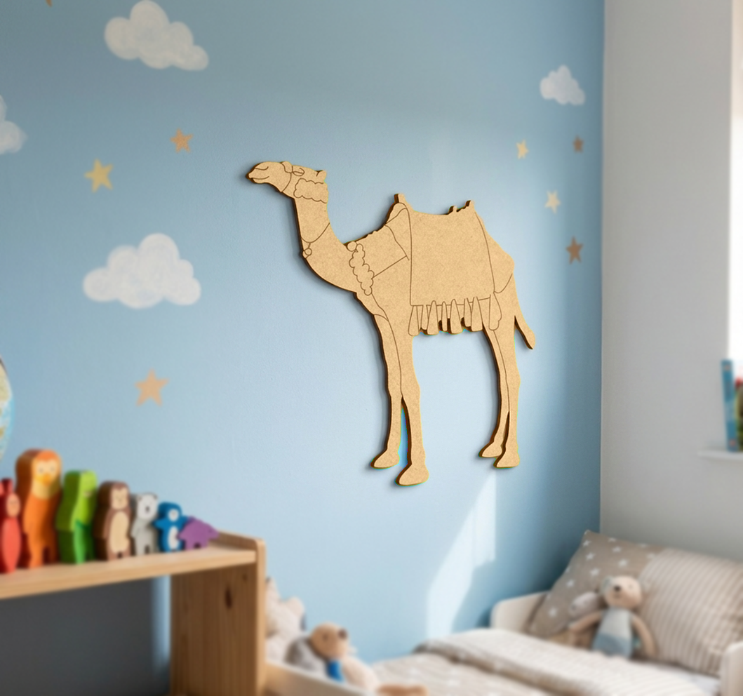 MDF DIY camel wall decoration in a child's room with a blue wall and toys.