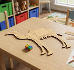 MDF DIY giraffe puzzle on a table with colorful building blocks in a playroom setting.