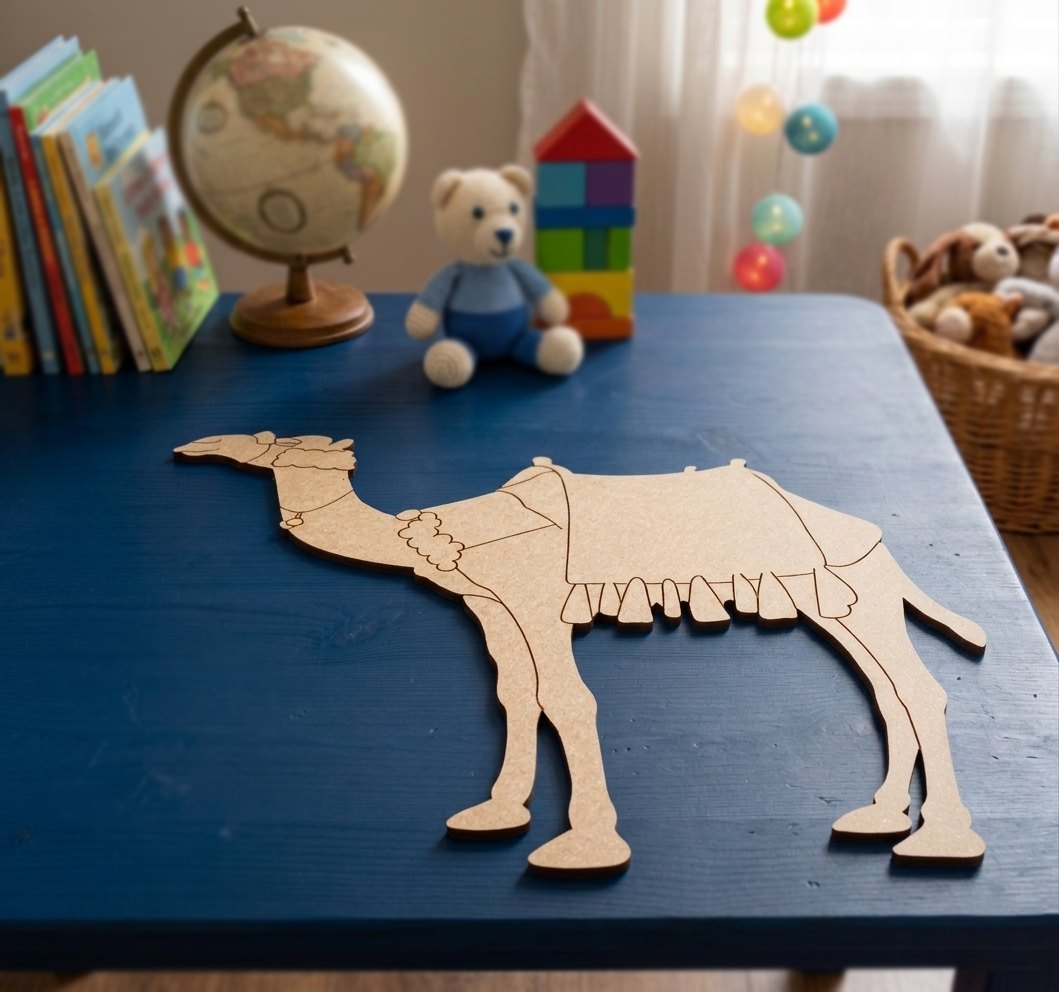 MDF DIY camel puzzle on a blue table with toys and books in the background