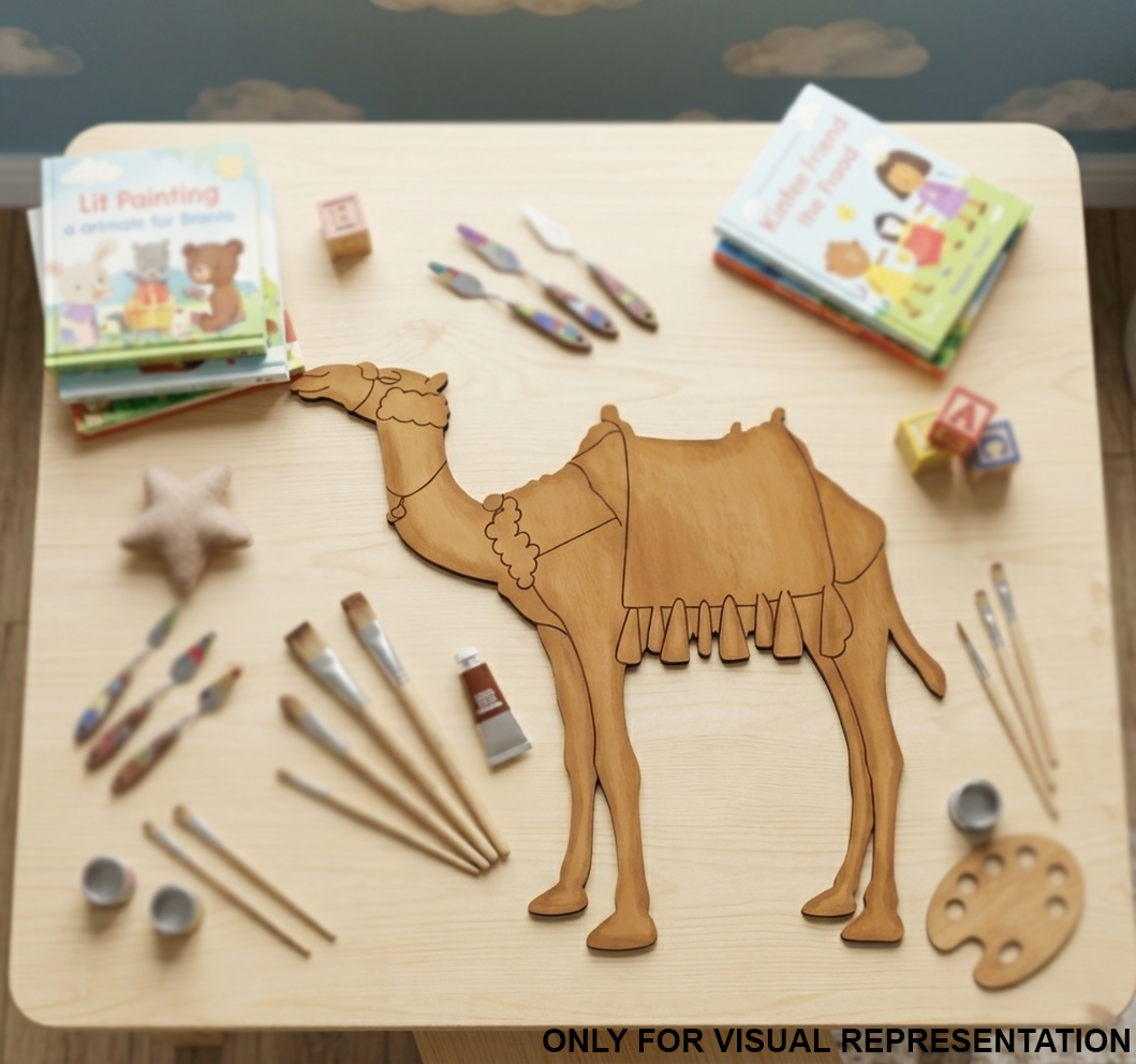 MDF DIY Children's art supplies on a table with a camel template and books.