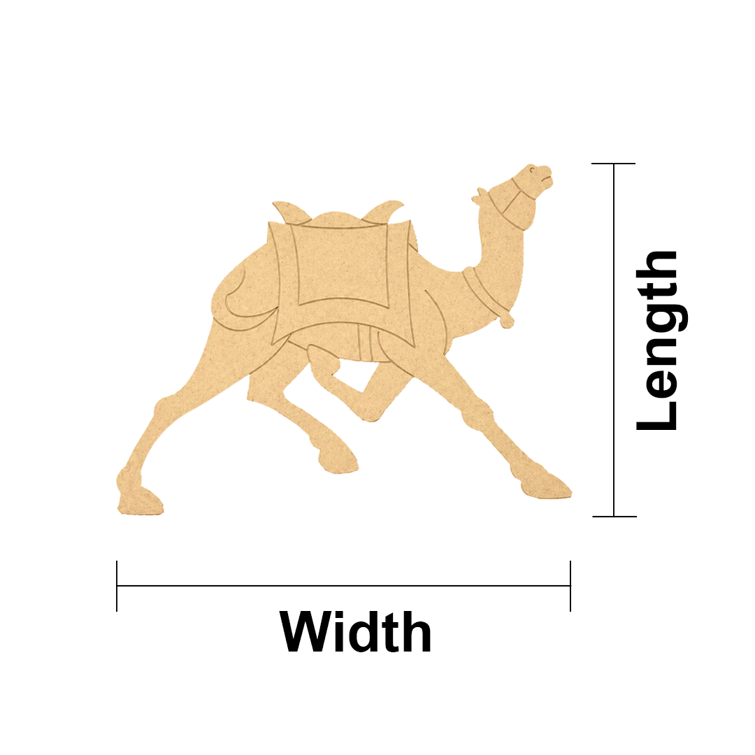 MDF DIY camel cutout with measurements on a white background