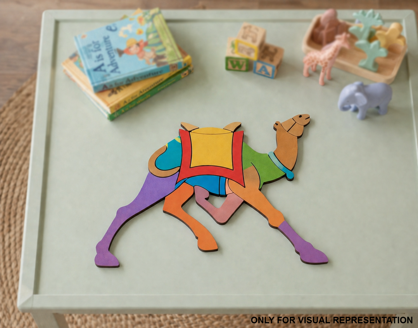 MDF DIY Colorful camel puzzle on a table with children's books and toys in the background