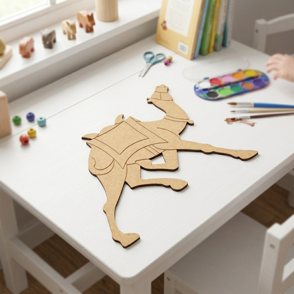MDF DIY  horse puzzle on a child's desk with art supplies