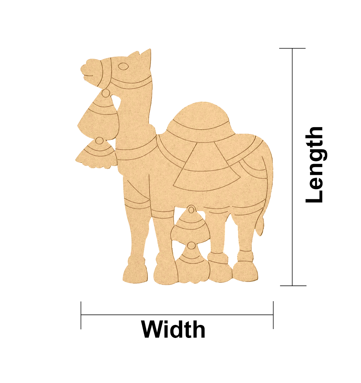 MDF DIY  camel cutout with measurements on a white background