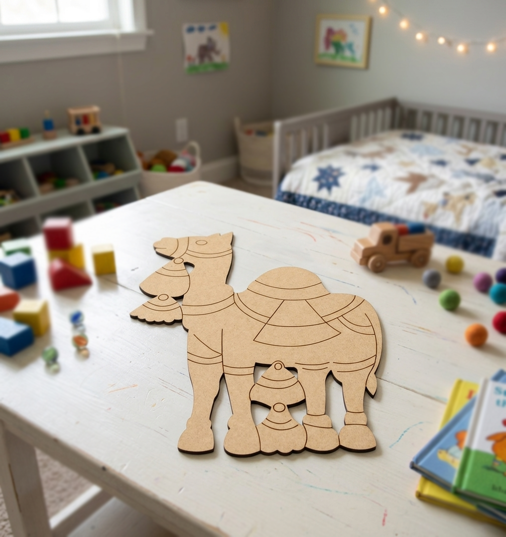 MDF DIY camel cutout on a table in a child's room with toys and books around