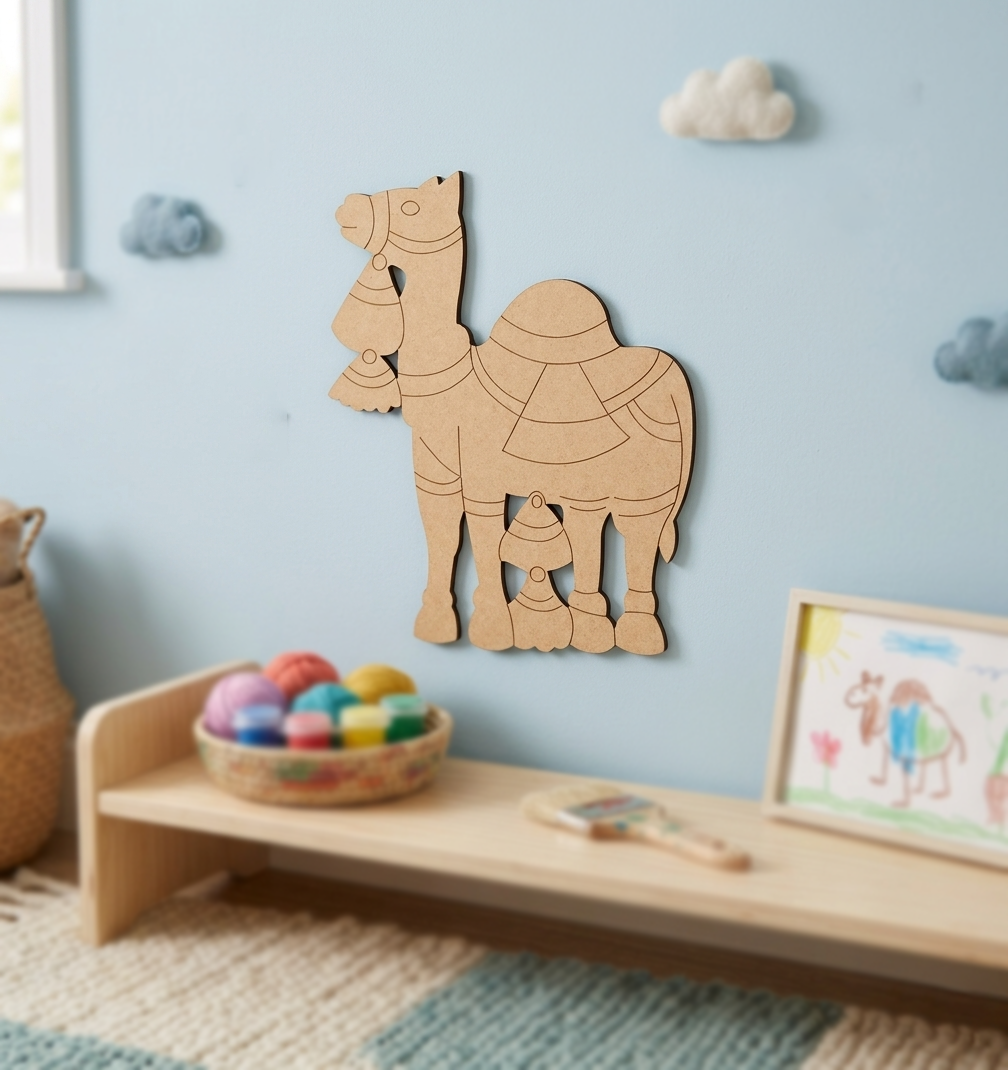 MDF DIY  camel wall decoration in a child's room with toys and a shelf.