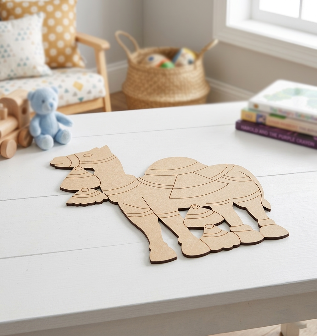 MDF DIY camel cutout on a white table with toys and books in the background