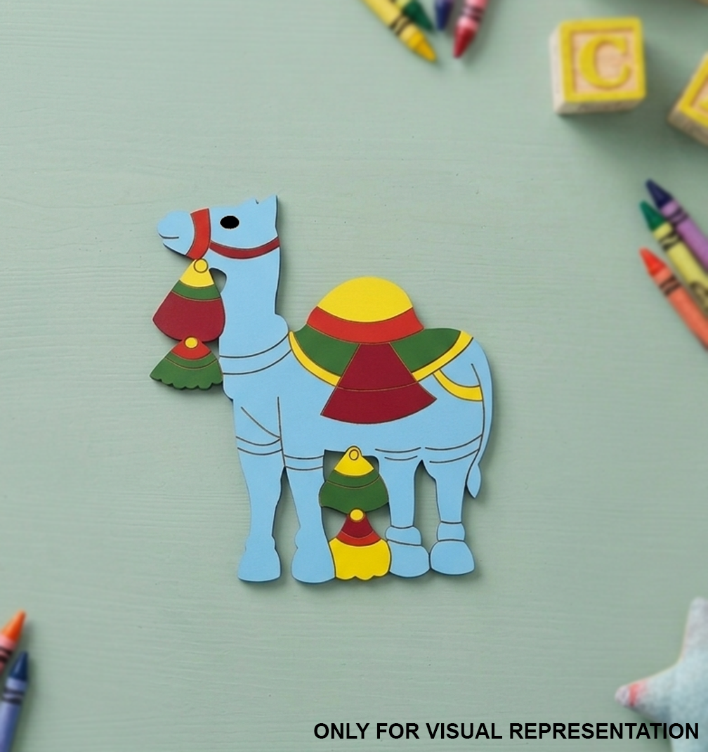 Colorful MDF DIY camel craft on a light green background with crayons and blocks.