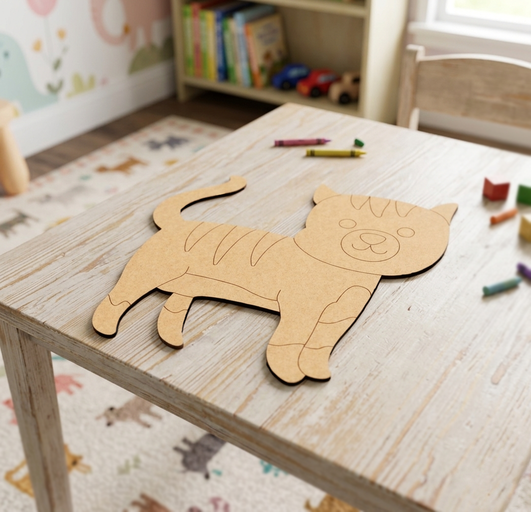 Cardboard MDF DIY cat puzzle on a wooden table with crayons and toys in a child's room.