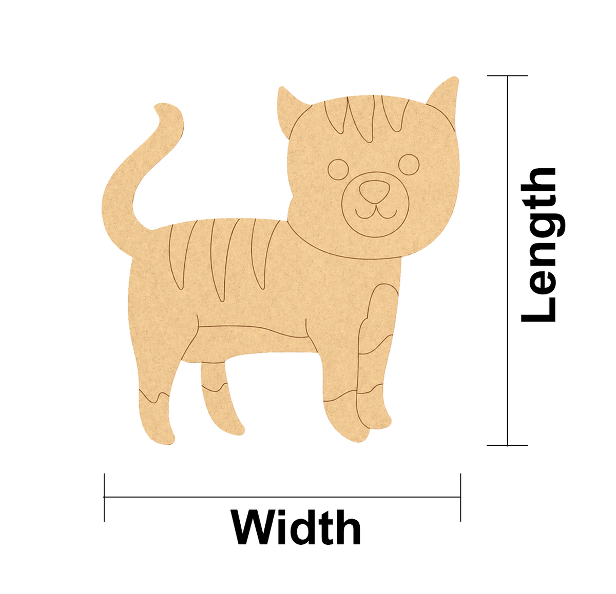 MDF DIY cat cutout with measurements labeled on a white background