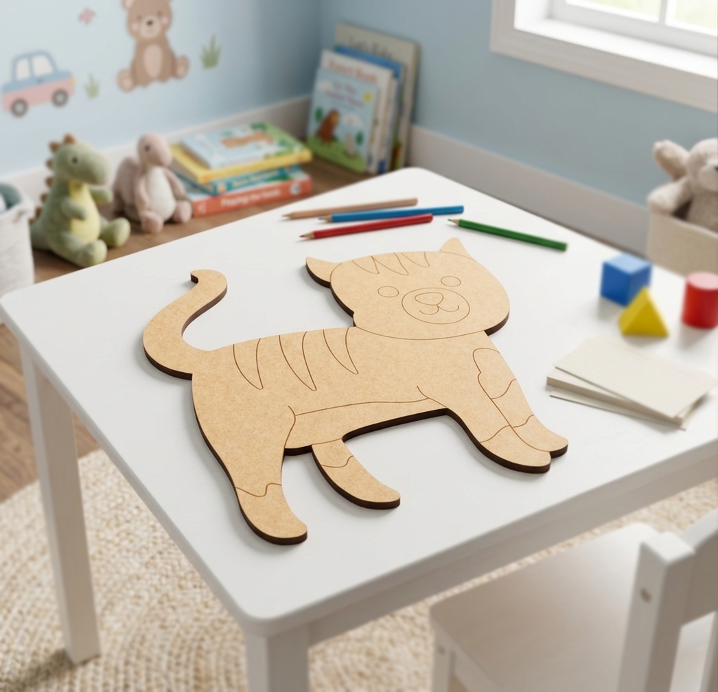 MDF DIY cat puzzle on a child's table with toys and books in the background
