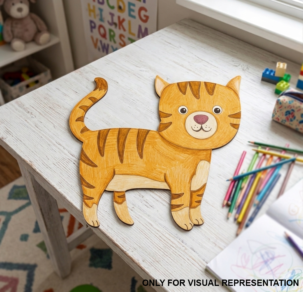 MDF DIY cat cutout on a child's desk with coloring supplies