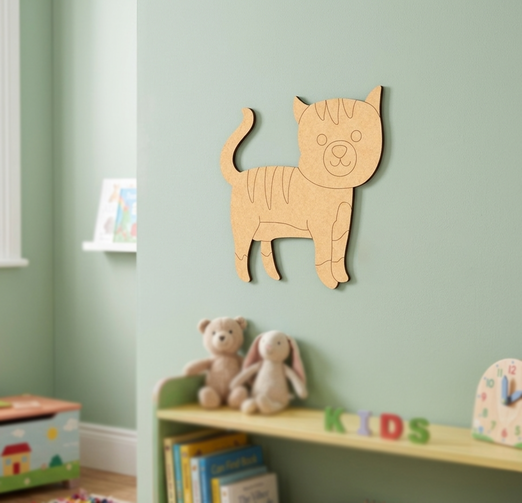 MDF DIY cat-shaped wall decoration on a light green wall with children's toys and books below.