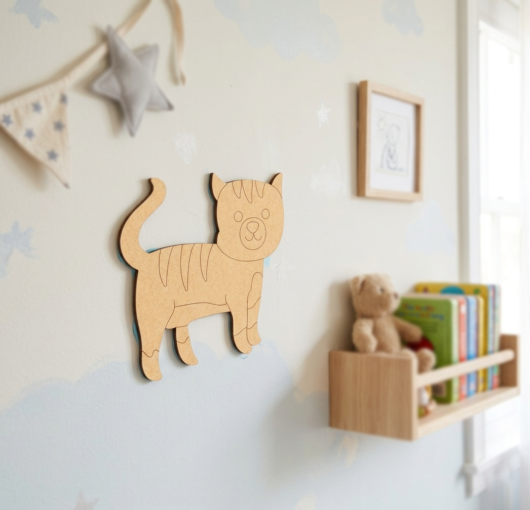 MDF DIY cat-shaped wall decoration in a child's room with books and a teddy bear.