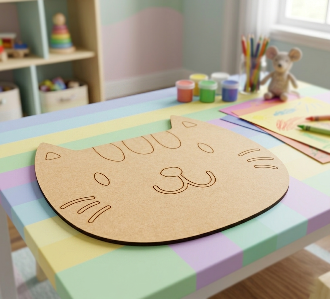 MDF DIY cat face cutout on a table with toys and crayons in the background