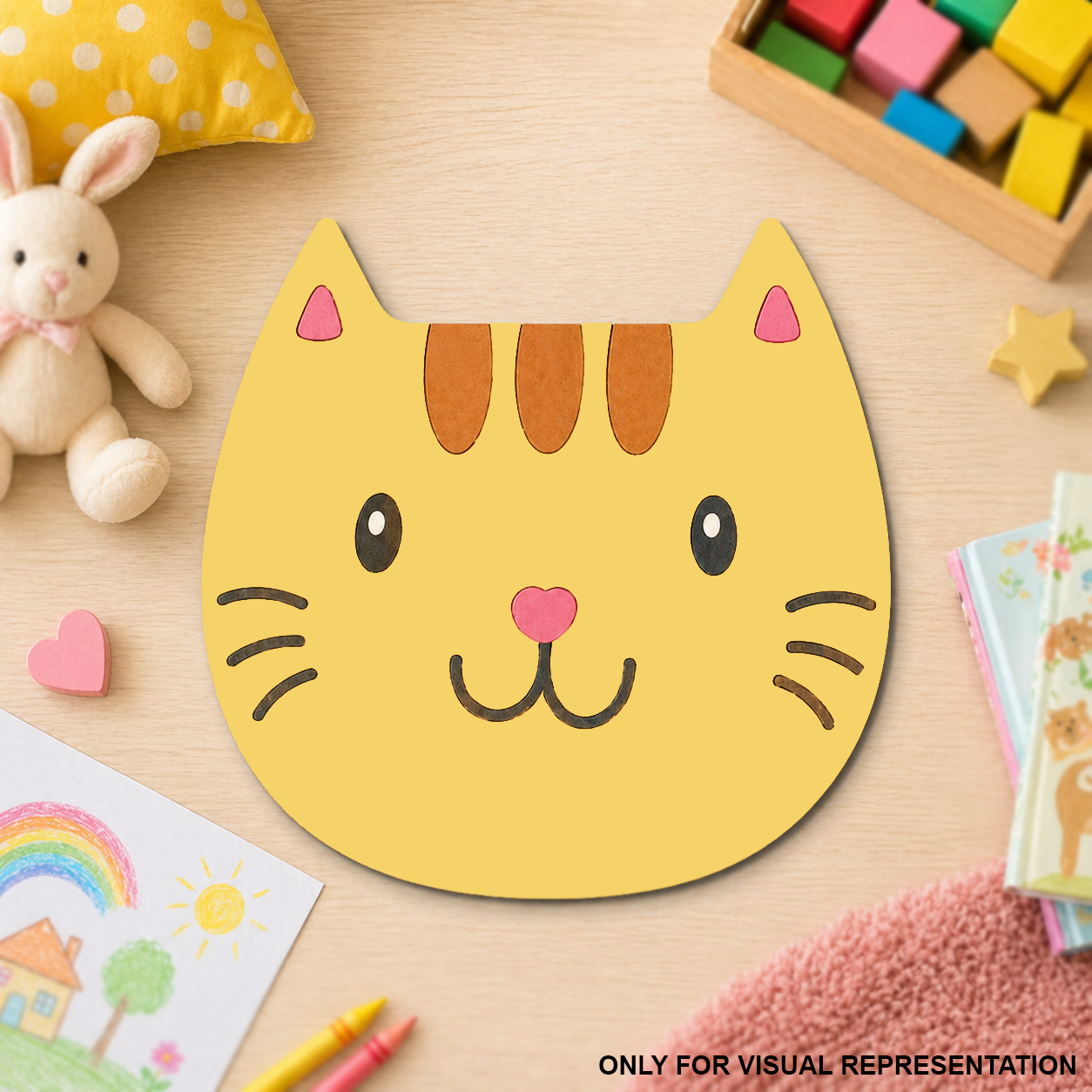 colorfull MDF DIY cat face cutout on a table with toys and crayons in the background