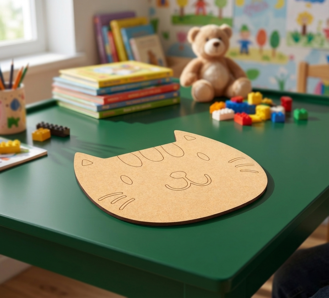MDF DIY cat face cutout on a table with toys and crayons in the background