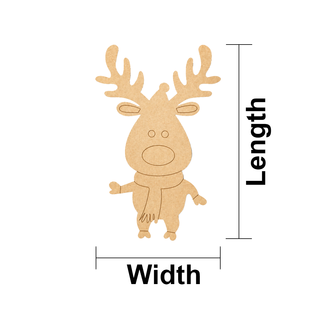 MDF DIY reindeer decoration with measurements labeled on a white background