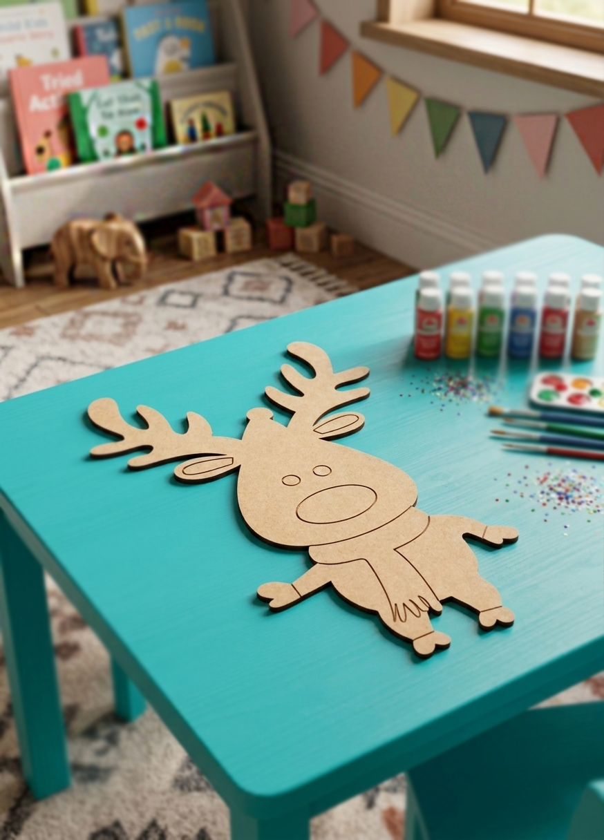 Children's room with a teal table featuring a MDF DIY reindeer cutout, surrounded by art supplies and books.