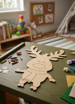 MDF DIY reindeer craft on a table with art supplies in a child's playroom.