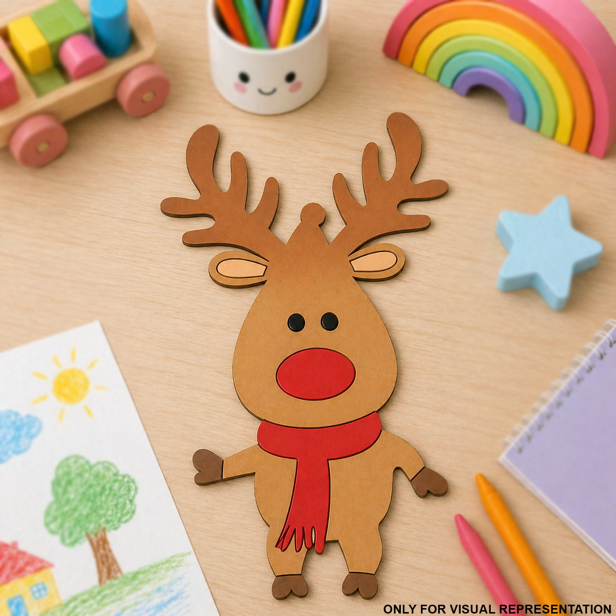 MDF DIY reindeer decoration with colorful stationery items on a wooden surface