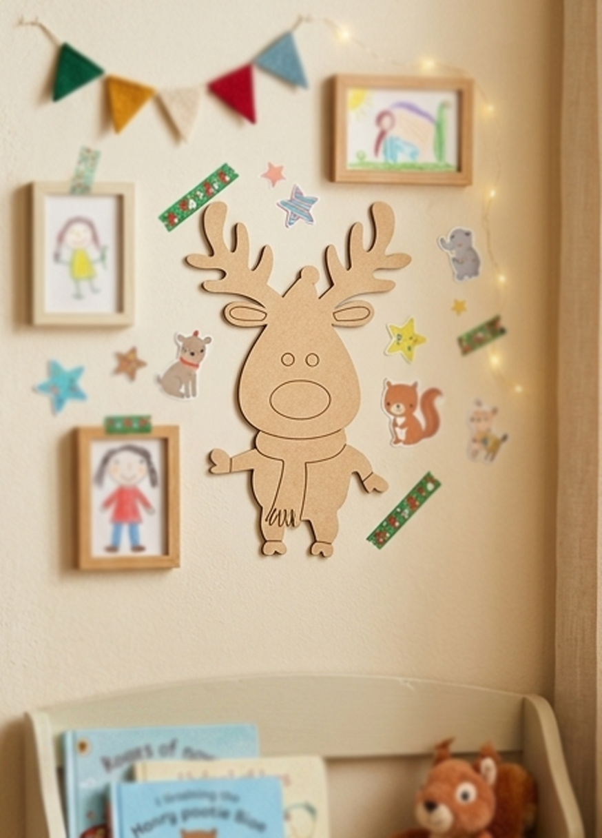 Children's room with MDF DIY reindeer wall decal, framed pictures, and decorative lights.