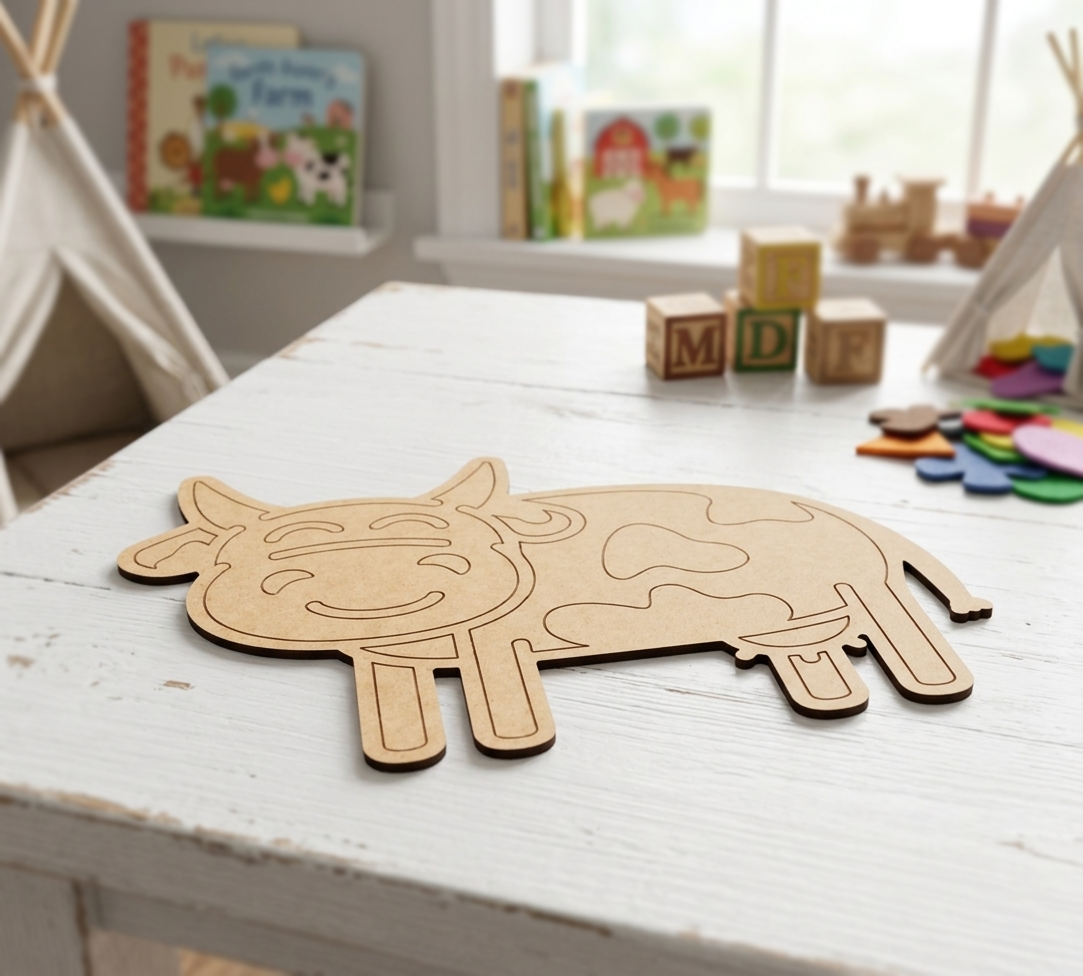 MDF DIY cow puzzle on a white table with a child's play area in the background