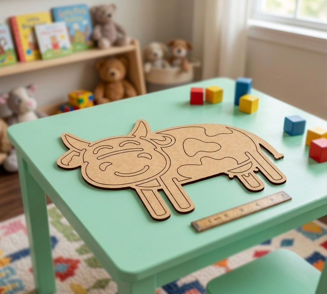 Children's room with a green table featuring a MDF DIY cow puzzle and colorful blocks.