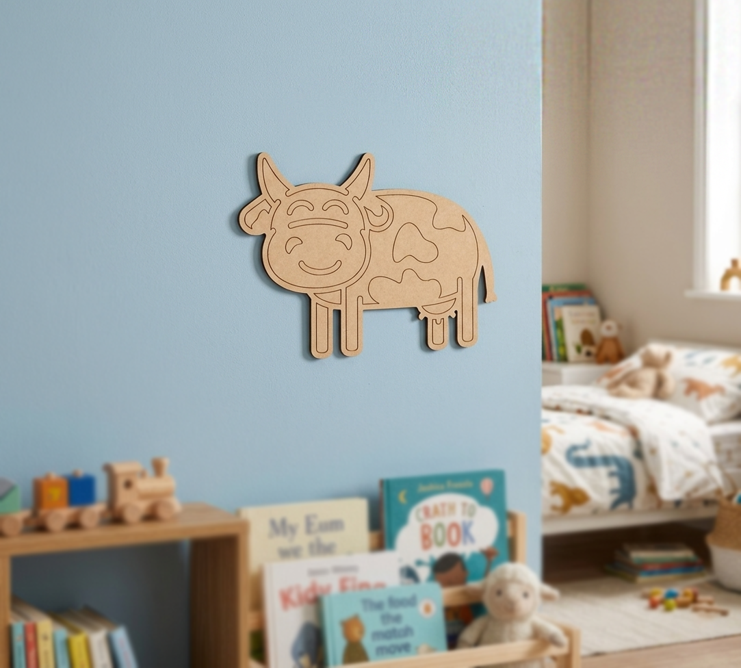 MDF DIY cow wall decoration in a child's bedroom with books and toys.
