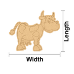 MDF DIY cow-shaped cutout with measurements on a white background