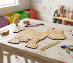 MDF DIY animal cutout on a table with markers in a colorful room