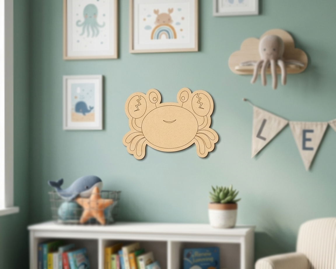 Children's room with MDF DIY wall art, framed pictures, and decorative items on a green wall.
