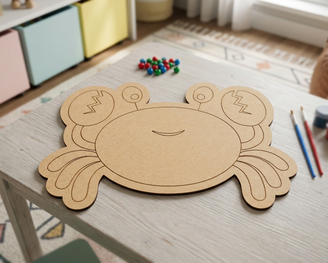 MDF DIY crab template on a table with colorful markers in the background