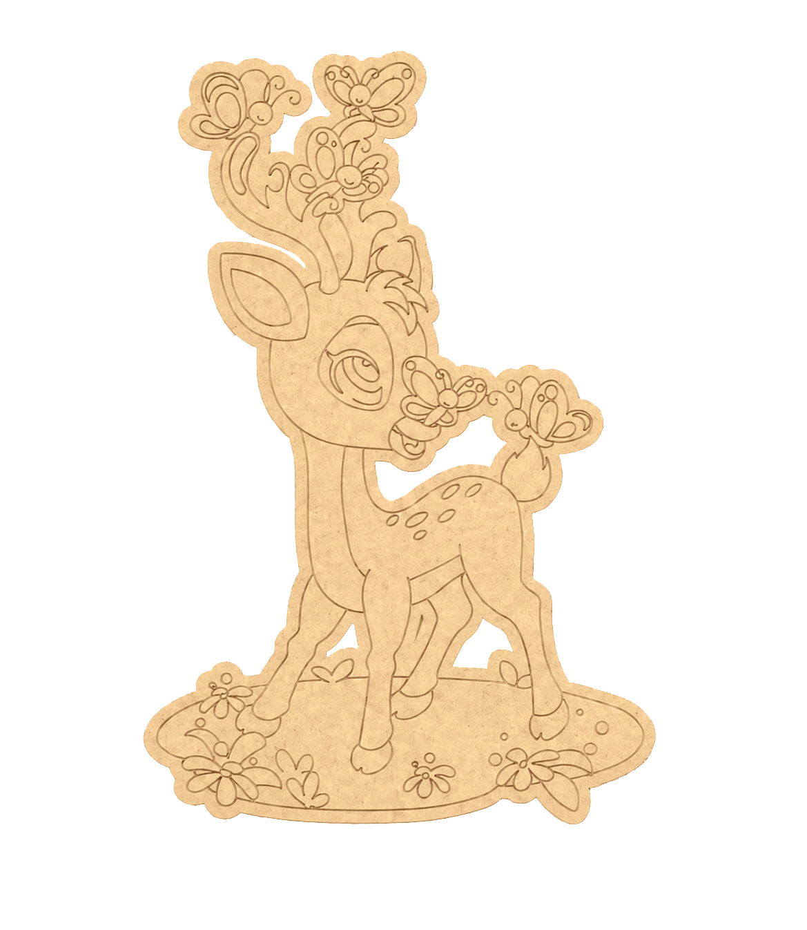 MDF DIY deer ornament with floral details on a white background