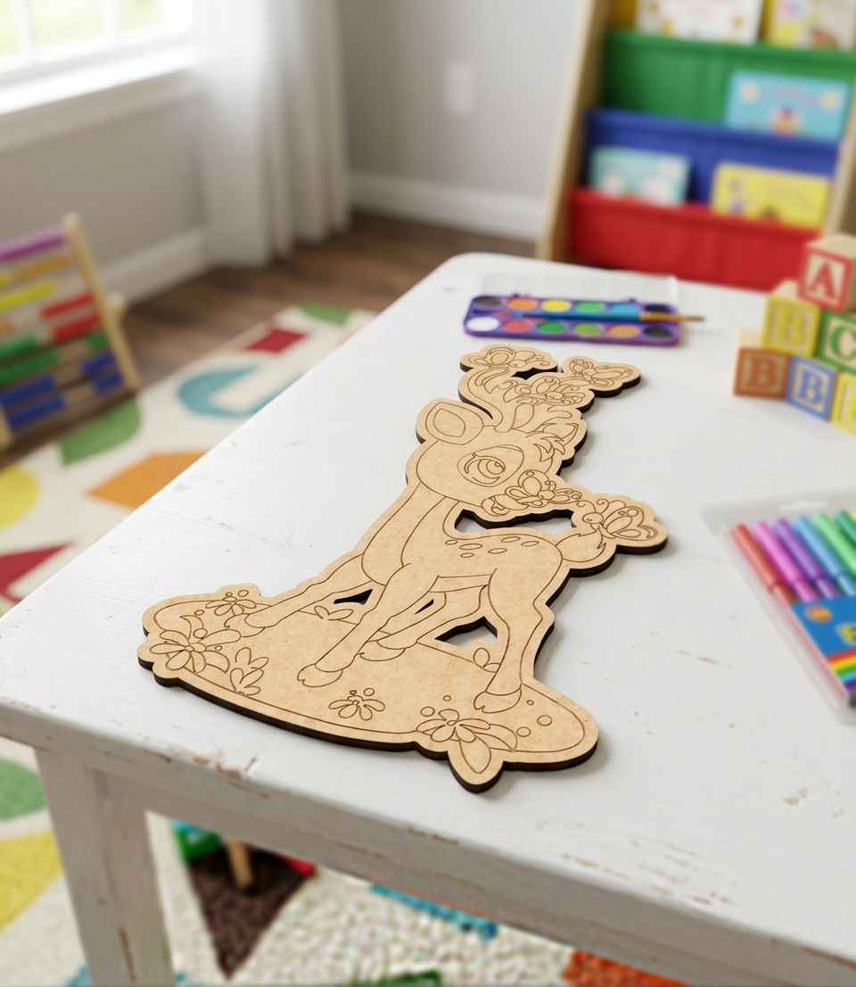 MDF DIY deer puzzle on a white table with colorful children's toys in the background