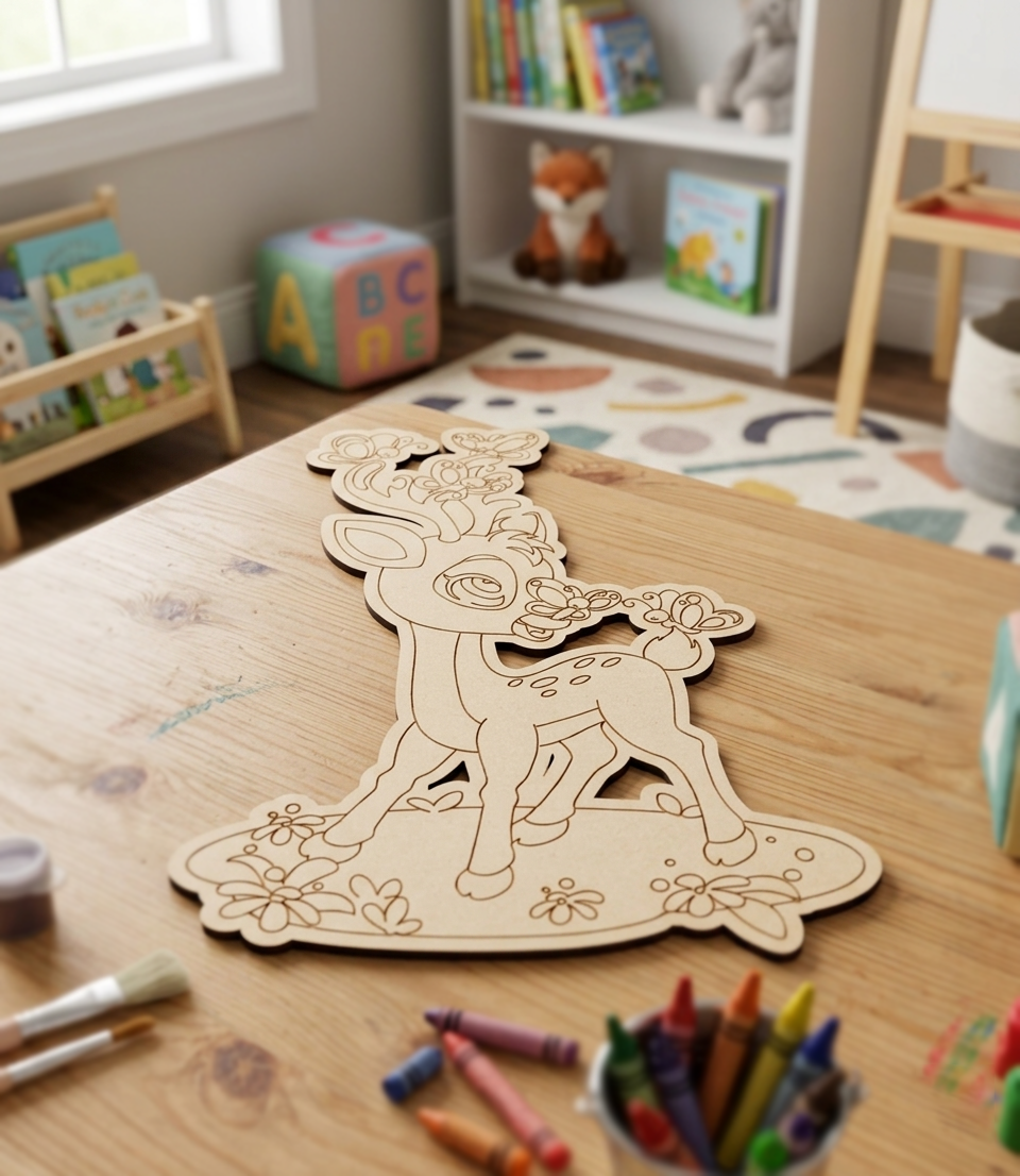 MDF DIY deer-shaped coloring board on a table with crayons and markers in a child's room.