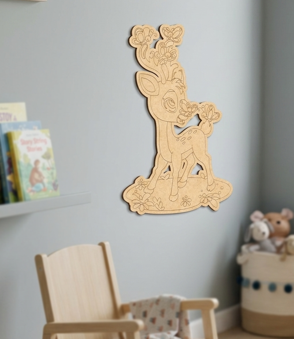 MDF DIY deer wall decoration in a child's room with books and toys.