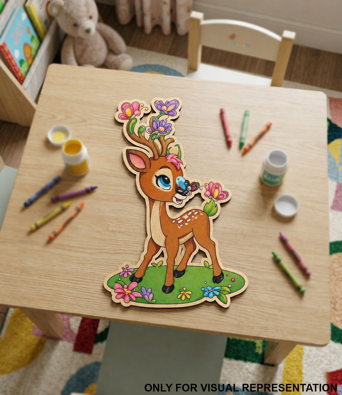 Children's craft activity with a MDF DIY deer-shaped cutout on a table, surrounded by crayons and paint.