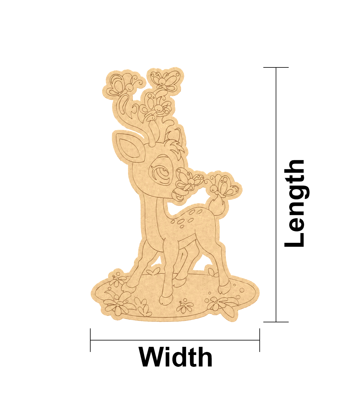 MDF DIY reindeer decoration with measurements on a white background