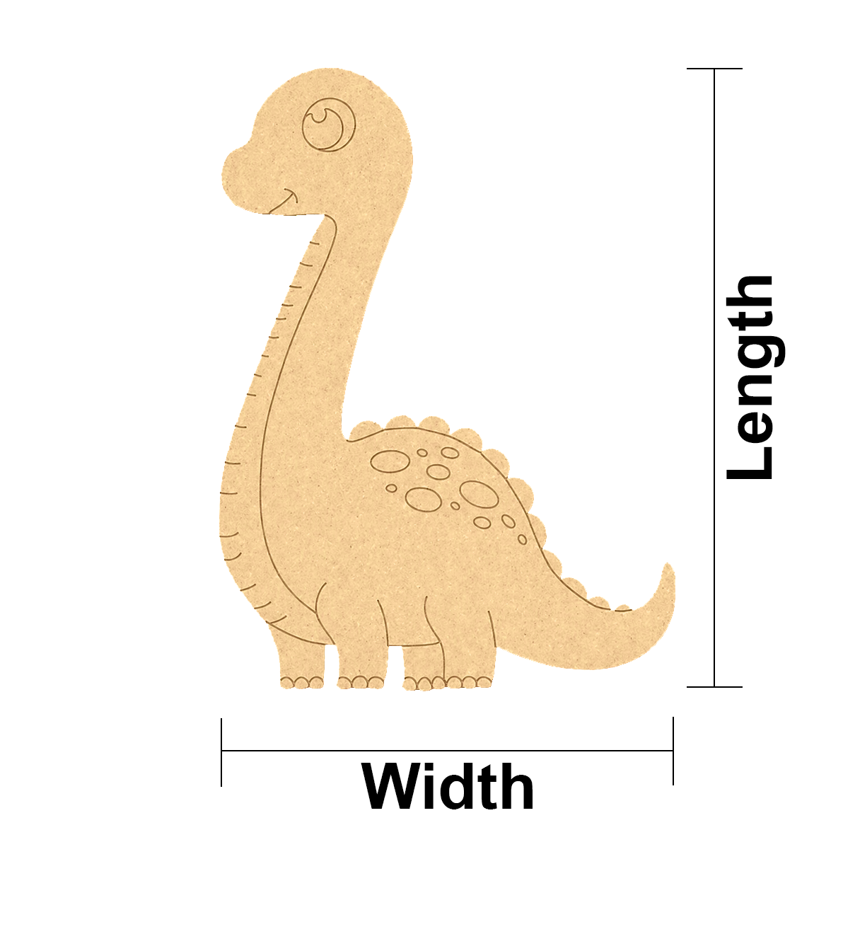 MDF DIY dinosaur cutout with measurements on a white background